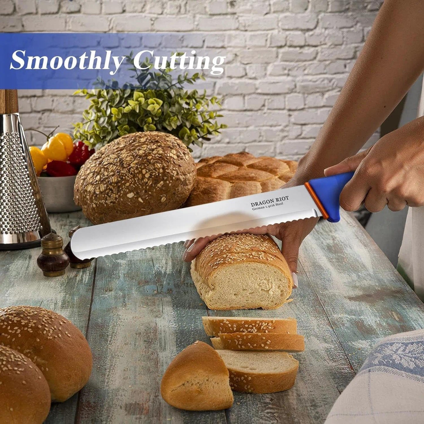 DRAGON RIOT Carving Knife 10 Inch, Brisket Slicing Knife, Ultra Sharp Straight Edge Meat Knife, German 1.4116 Stainless Steel, Professional Slicer for Beef, Turkey & BBQ, Non-Slip Blue Handle