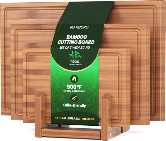 Bamboo Cutting Board Set with Stand, 3PCS Double-Sided Chopping Boards for Kitchen Meal Prep & Serving, Charcuterie, Juice Grooves & Side Handle, Ideal for Meat, Vegetables, Kitchen Essentials, Brown