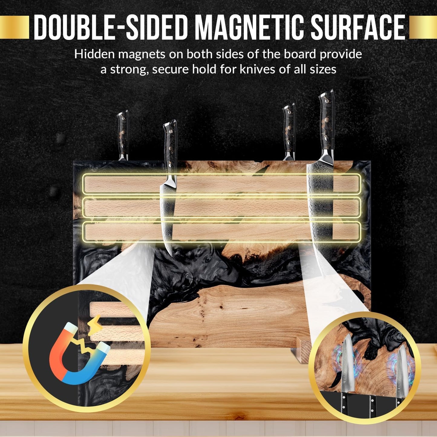SliceElite Magnetic Knife Block Double Sided Holder East Indian Walnut Black Resin Dual Surface Magnet Storage for Knives on Kitchen Countertop Holds Up To 20 Knives