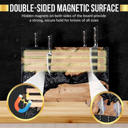 SliceElite Magnetic Knife Block Double Sided Holder East Indian Walnut Black Resin Dual Surface Magnet Storage for Knives on Kitchen Countertop Holds Up To 20 Knives