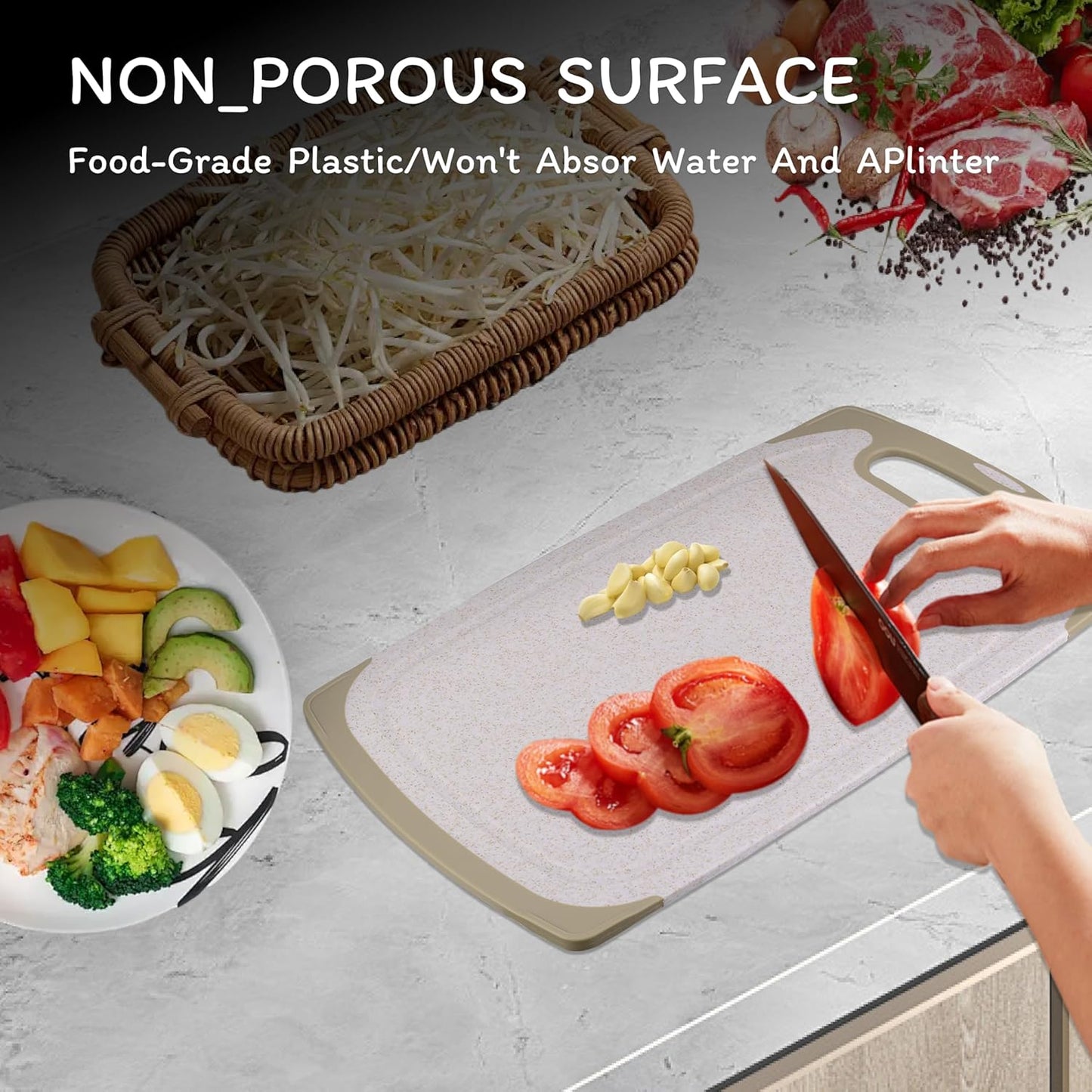 Cutting Board for Kitchen, Wheat Straw Fiber Cutting Board, Dish Washer Safe, w/Juice Grooves for Meat, Veggies, Easy Grip Handle, Non-slip Surface Eco-friendly Serveware Accessories （10‘x6.3’）