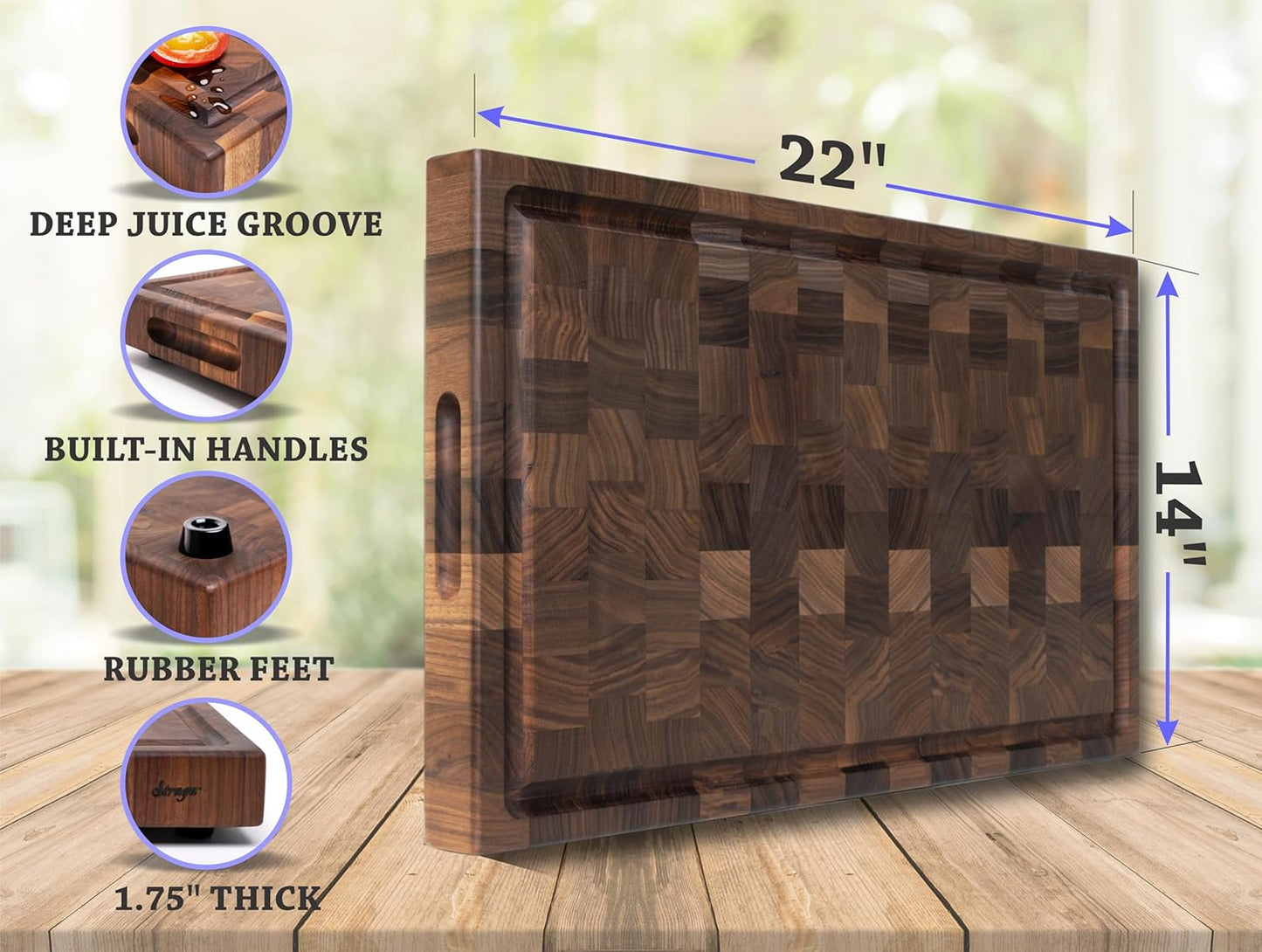 Straga Handmade Reversible End Grain Mahogany Heavy-Duty Chopping Block with Non-Slip Feet, Deep Juice Groove, Built-in Handles - Ideal for Cutting Meat, Cheese, Vegetables (12" x 9", Mahogany)