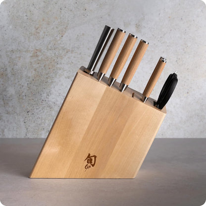 Shun Classic Blonde 6 Piece Block Set, Includes 8" Chef, 3.5" Paring, 6.5" Nakiri, 6" Utility Knives, Honing Steel & Angled Knife Block, Handcrafted Japanese Knife Set, Pakkawood Handles