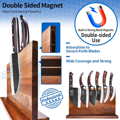 XYJ Authentic Since 1986,Knife Block Set,Kitchen Knife Set with Magnetic Knife Block,Cutting Board,Sharpening Stick,Meat Cleaver Slicing Knives,High Carbon Steel Blades,Full Tang,Wood Handle