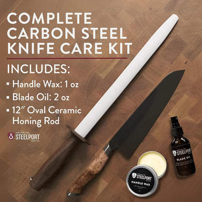 STEELPORT Knife Maintenance Gift Set | 12” Oval Ceramic Honing Rod, Carbon Steel Knife Care Kit (Camellia Oil, Handle Wax) | USA Made Professional Blade Maintaining, Wood Conditioning Oil, Wax Set