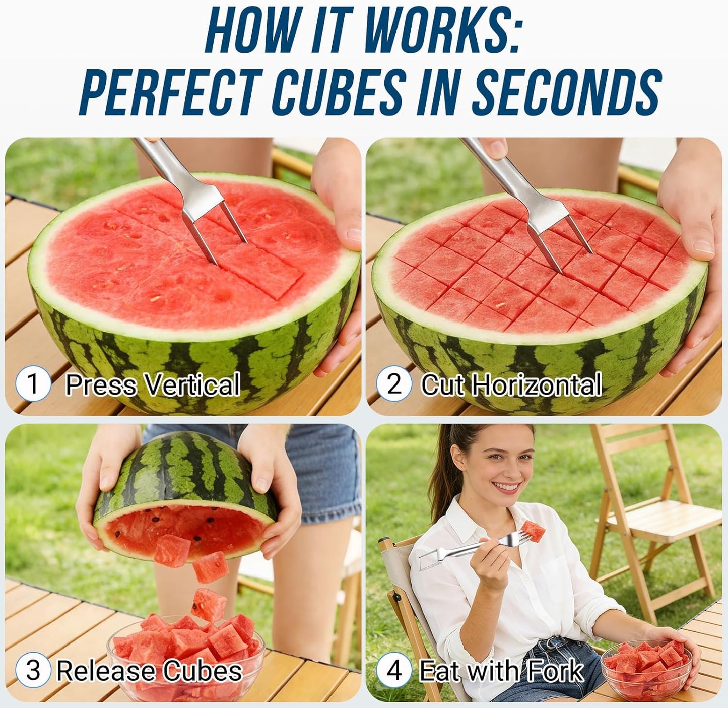 Watermelon Fork Slicer Cutter, 2-in-1 Stainless Steel Watermelon Slicer & Fruit Fork, Summer Kitchen Gadget for BBQ Parties, Camping & RV Adventures
