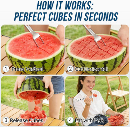 Watermelon Fork Slicer Cutter, 2-in-1 Stainless Steel Watermelon Slicer & Fruit Fork, Summer Kitchen Gadget for BBQ Parties, Camping & RV Adventures
