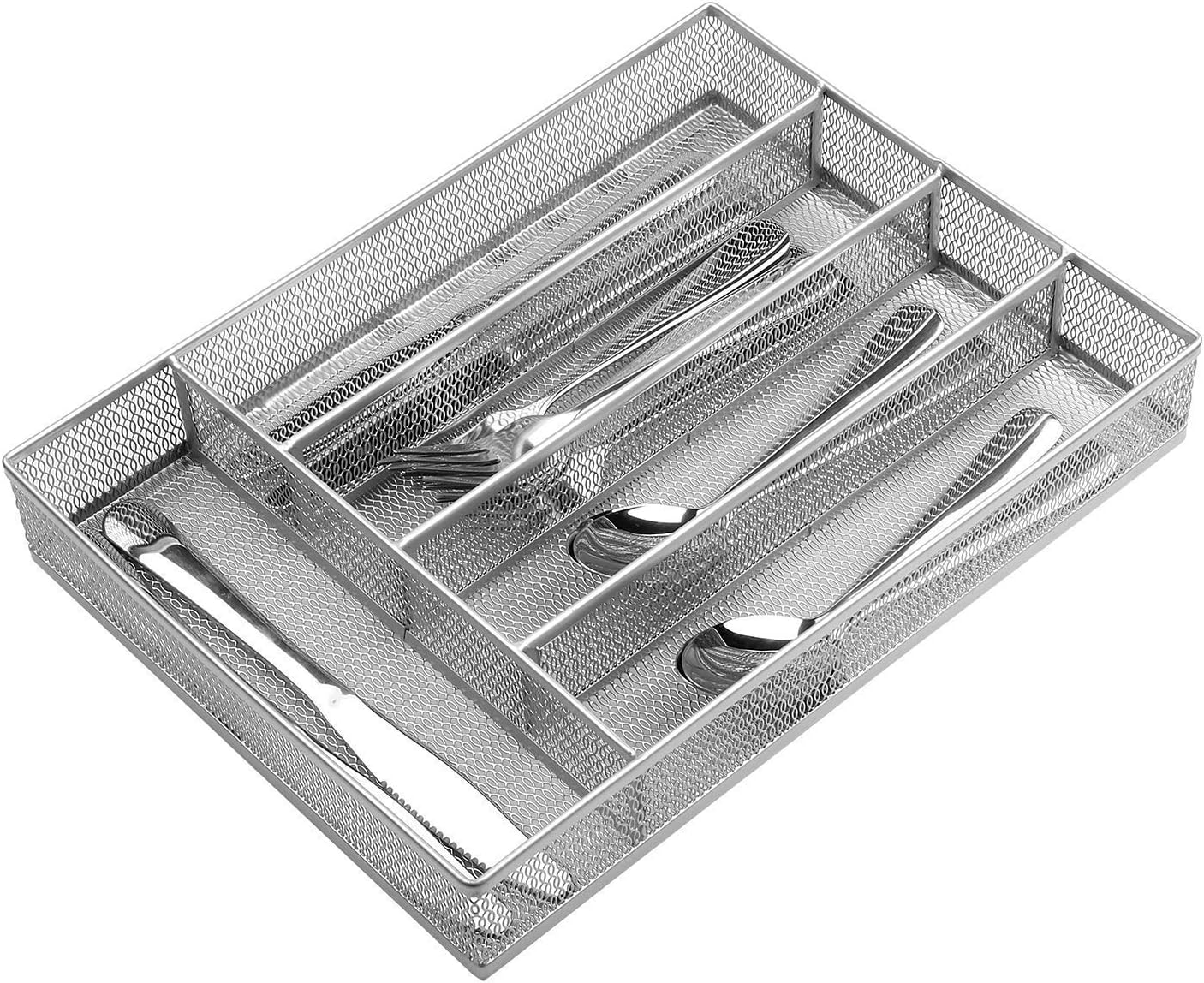 JANE EYRE Drawer Organizer, Cutlery Tray Silverware Flatware Storage Divider for Kitchen, Mesh Wire with Non-slip Foam Feet, 5 Component, Silver