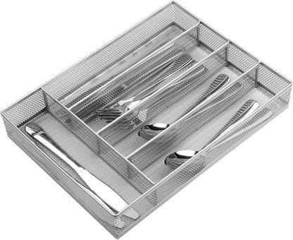 JANE EYRE Drawer Organizer, Cutlery Tray Silverware Flatware Storage Divider for Kitchen, Mesh Wire with Non-slip Foam Feet, 5 Component, Silver
