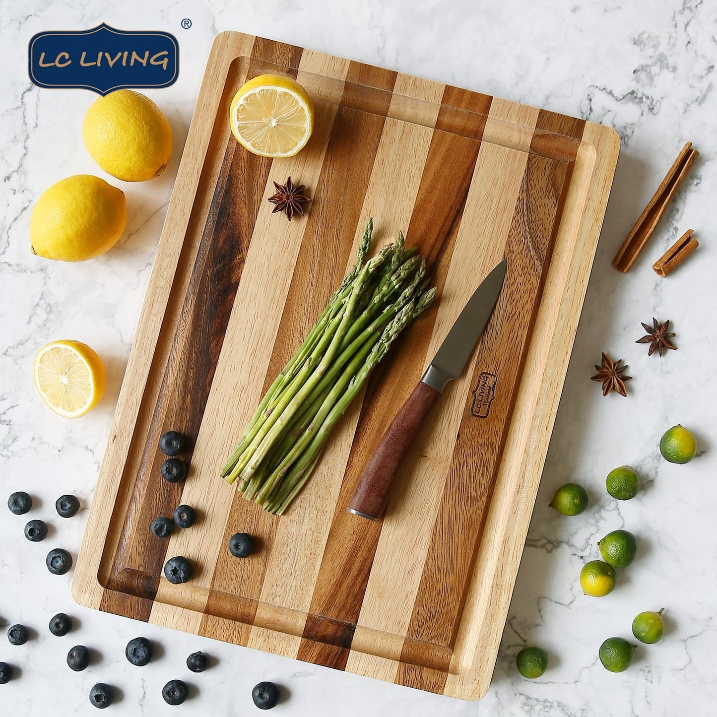Thai End Grain Acacia Wood Striped Rectangular Butcher Board with Groove, best for chopping serving butcher board, prep station, kitchen deco, cheese, meat, bread, veggies & fruits, 19"x14"