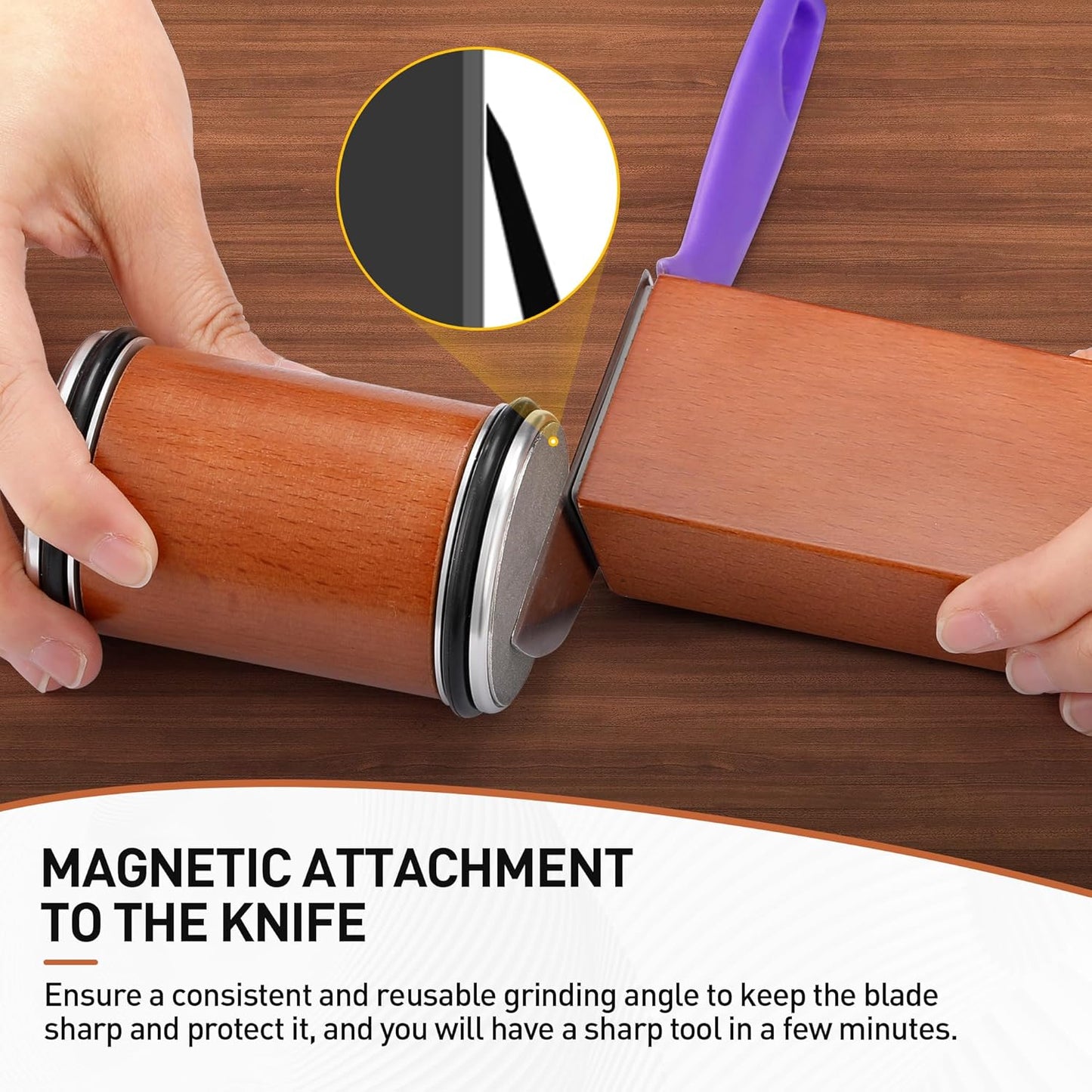 Rengue Rolling Knife Sharpener Kit, Diamond Coated Tool with N52 Super Magnetic 15° to 20° Angles Beech Wood Base 400/1000 Grit Grinding for Kitchen Knives Any Steel Hardness