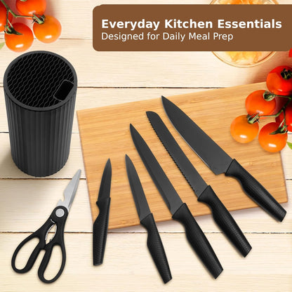 Small Knife Block Set, Modern Kitchen Knife Scissors with Universal Round Holder, Home Apartment New Kitchen Essentials, Space Saving, Dishwasher Safe(Black, 7PCS)
