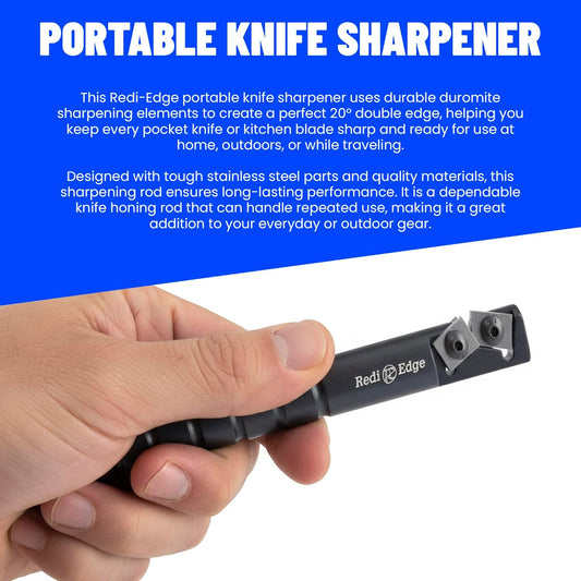 Redi-Edge Portable Knife Sharpener - Pocket knife Sharpener with Duromite Sharpening Elements - Honing Rod with 20° Double Edge for Kitchen, Home & Hunting