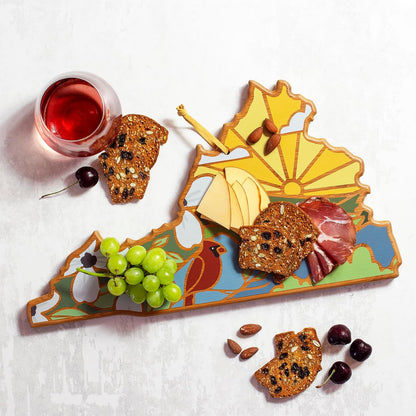 Totally Bamboo North Carolina State Shaped Cutting Board and Charcuterie Serving Platter with Artwork by Summer Stokes, Includes Hang Tie for Wall Display 18" x 8" x 5/8" - Colors A