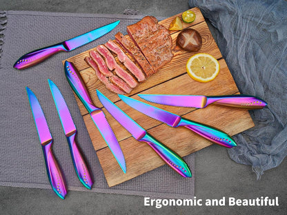 Rainbow Serrated Steak Knife 8 Piece Set, German High Carton Stainless Steel Blade for Home Restaurant