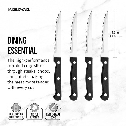 Farberware Stamped Triple Rivet High Carbon Stainless Steel Steak Knife Set, 4-Piece, Black