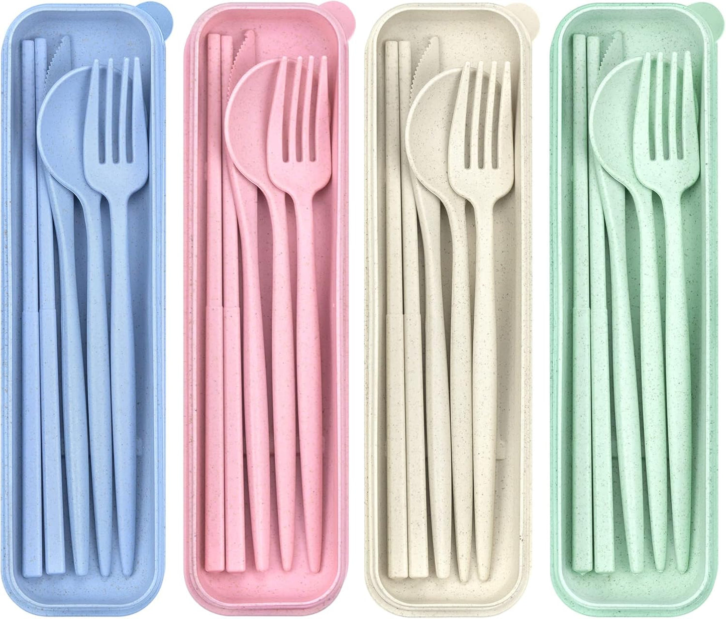 DISSKNIC Reusable Utensils Set with Case, 6 Sets Travel Utensils with Case, Wheat Straw Portable Cutlery Set Chopsticks Knives Fork and Spoon for Lunch Box Accessories