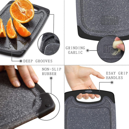 Viretang Plastic Cutting Boards Set of 3 for Kitchen, Thick Chopping Board with Deep Juice Grooves, Non‑Slip Feet, Easy Grip Handle, BPA Free, Dishwasher Safe,Black