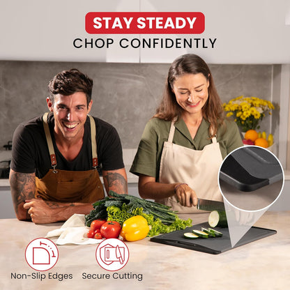 Plastic Cutting Boards for Kitchen (Gray/Black) - 3-Pack of Non-Slip and Reversible Plastic Cutting Board Set for Easy Slicing - Knife-Friendly Chopping Board Set with Juice Grooves