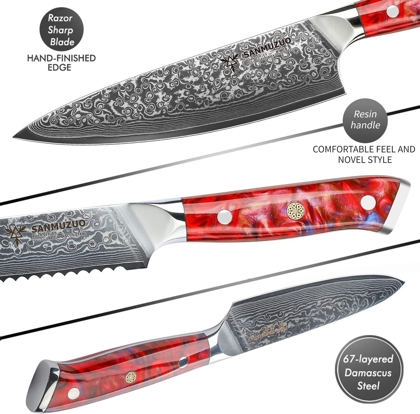 Steak Knives Set of 4, Ultra Sharp Non Serrated Kitchen Steak Knife 5 Inch - Damascus Steel & Resin Handle - Xuan Series (Sapphire Blue)