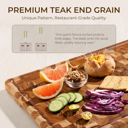 Teak Wood Cutting Boards for Kitchen 20'' Extra Large Butcher Block End Grain Wooden Cutting Board with Juice Groove & Handle Heavy Duty Chopping Charcuterie Board Non Toxic Slip Serving KnifeFriendly