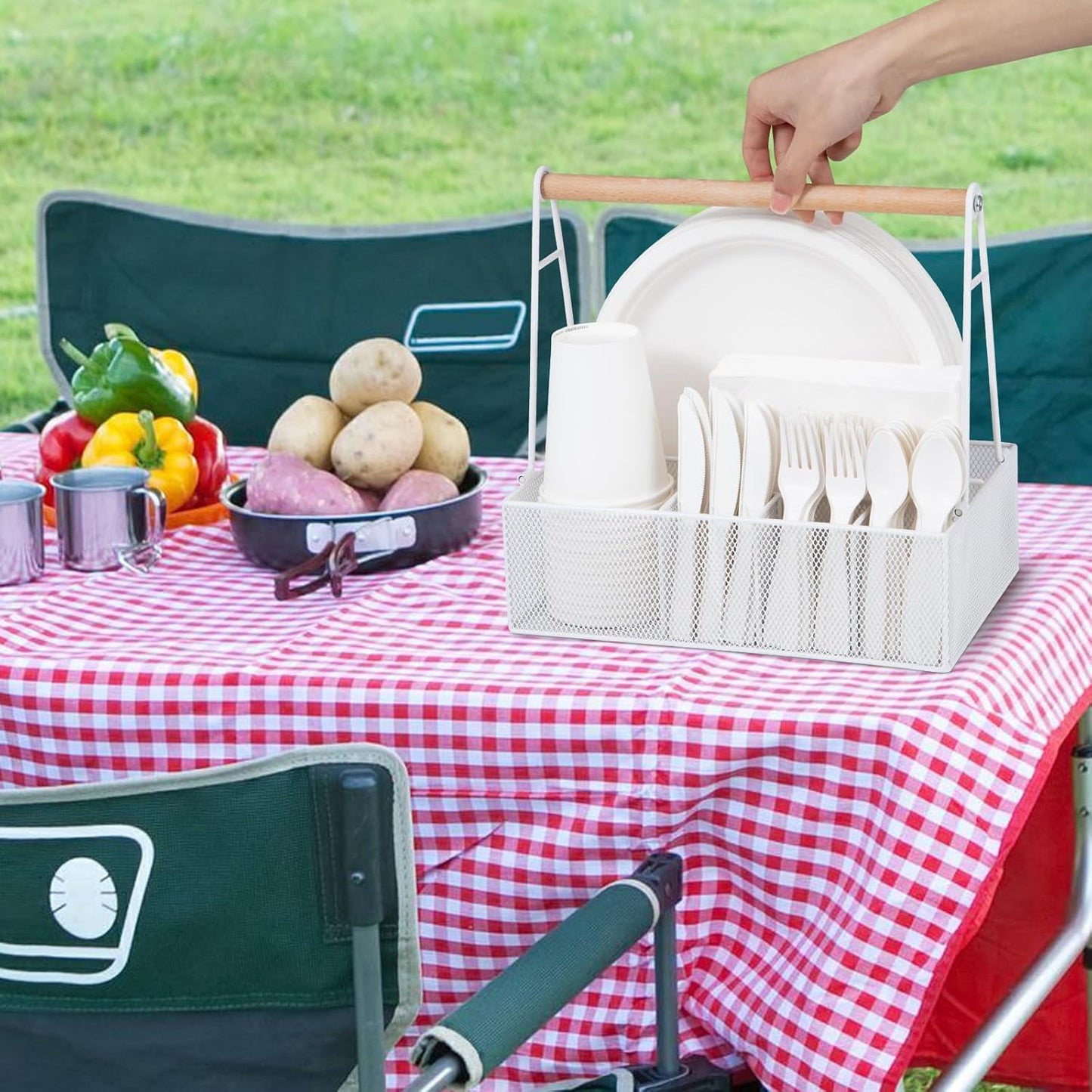 Paper Plate Organizer with Handle for Countertop, Metal Silverware Caddy for Cup, Napkin, Fork and Spoon, Paper Plate and Utensil Holder, Cutlery Caddy for Party, Camping, Picnic (Black)