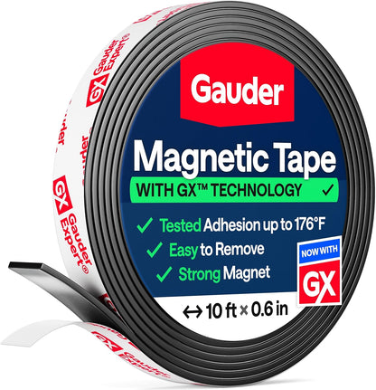 GAUDER Magnetic Tape Strong Self-Adhesive - Cut-to-Length Magnet Strip with High Magnetic Force - Heavy-Duty Adhesive Magnet Tape (10 ft x 0.6 in)