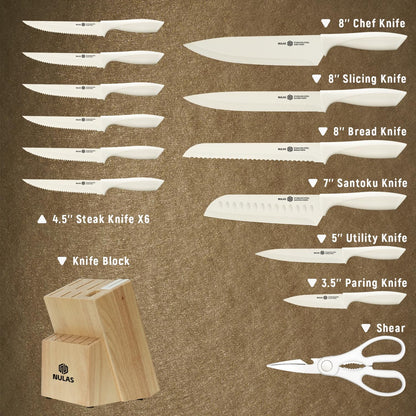 15-Piece Kitchen Knife Block Set with Built-in Sharpener, Upgraded Non-Stick Coating Blades, Ergonomic Handles, Dishwasher Safe, Cream