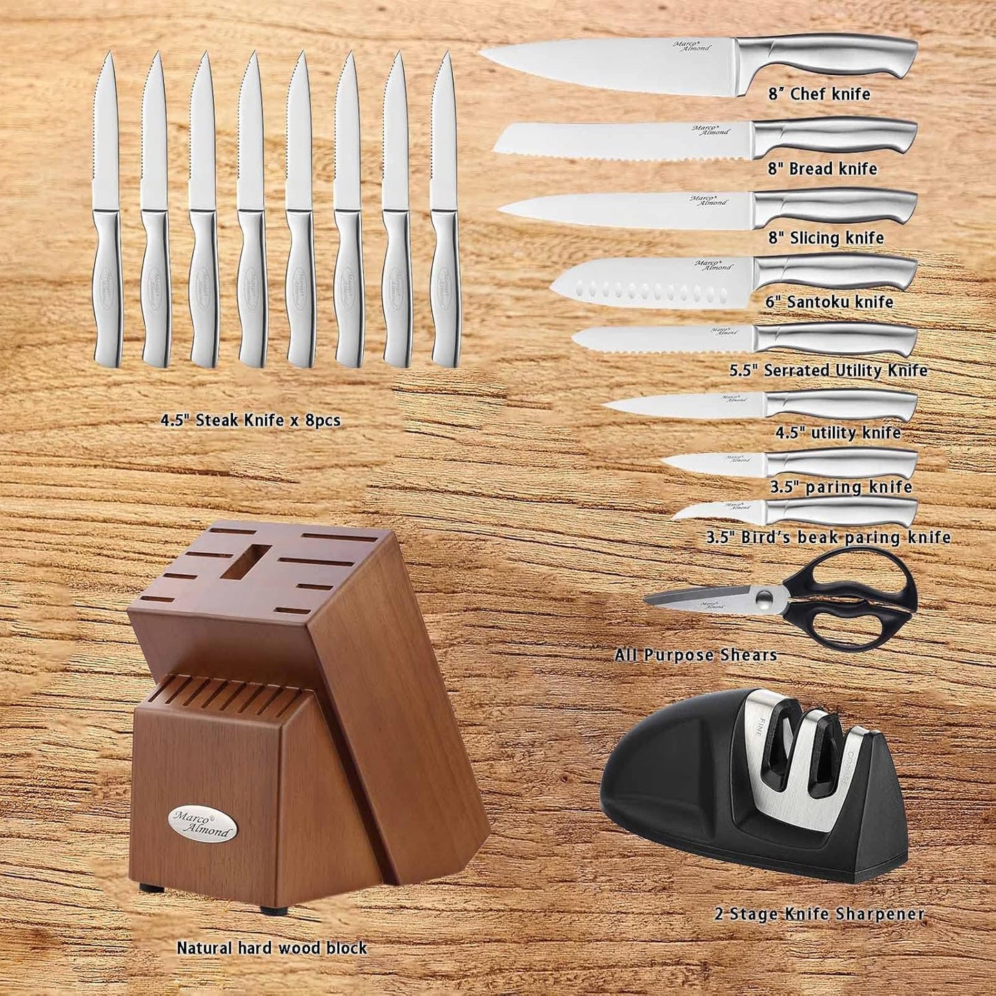 Marco Almond® Knife Block Set, KYA26 Knife Set with Block, 14 Pieces Stainless Steel Chef Kitchen Knives with Built-in Sharpener