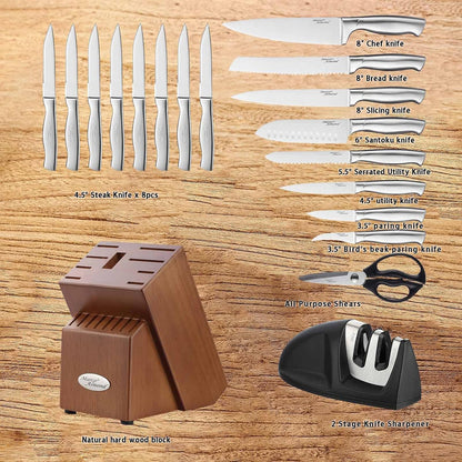 Marco Almond® Knife Block Set, KYA26 Knife Set with Block, 14 Pieces Stainless Steel Chef Kitchen Knives with Built-in Sharpener