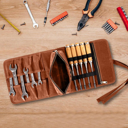 Chisel Roll,6 Pockets Roll Up Tool Pouch,Waxed Canvas Small Tool Roll Organizer and Wrench Roll Up Pouch,Store Chisel,Wrench,Pliers,Carving Knife (12-Brown)