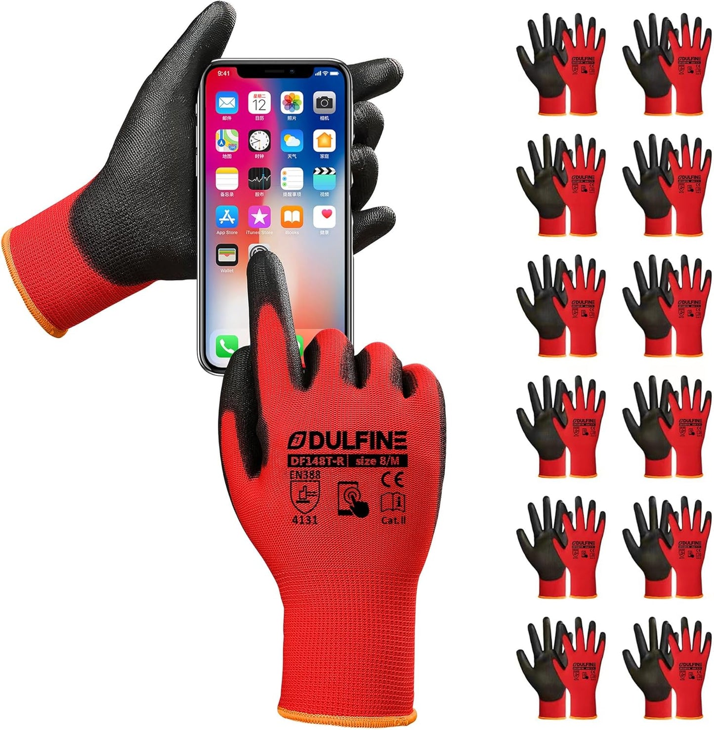 DULFINE Safety Work Gloves PU Coated-12 Pairs,Red Seamless Knit Glove with Polyurethane Coated Smooth Grip on Palm & Fingers, for Men and Women, Ideal for General Duty Work (Large)