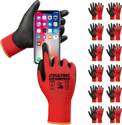 DULFINE Safety Work Gloves PU Coated-12 Pairs,Red Seamless Knit Glove with Polyurethane Coated Smooth Grip on Palm & Fingers, for Men and Women, Ideal for General Duty Work (Large)