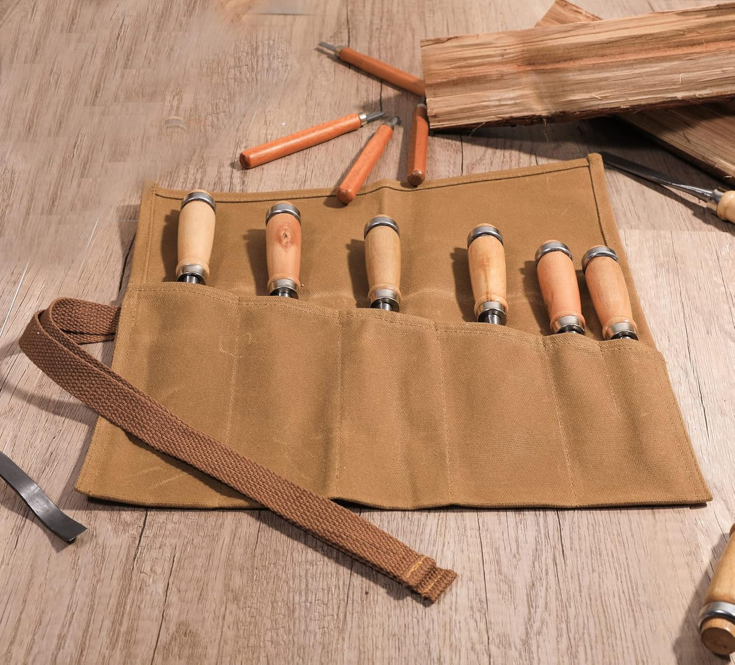 Tool Roll Up Bag with 6 Pockets,Waxed Canvas Wrench Roll Pouch for Chisels, Hammers, Fishing jigs, Carving Knife (Black)
