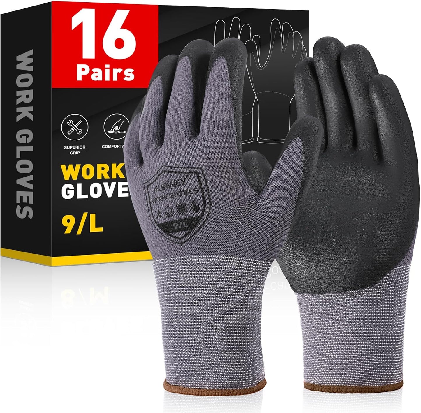 FURWEY Safety Work Gloves-16/32Pairs, Micro Foam Nitrile Coated Glove,Seamless Knit Nylon Gloves for Men Women（S-XL