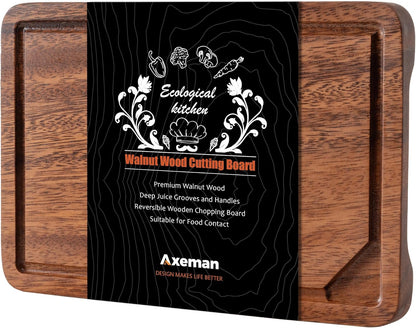 Axeman Walnut Wood Cutting Board with Juice Groove for Kitchen Countertop, Tick American Black-Walnut Wooden Chopping Board Charcuterie Board Butcher Block for Meat Vegetables, 16x10 inch