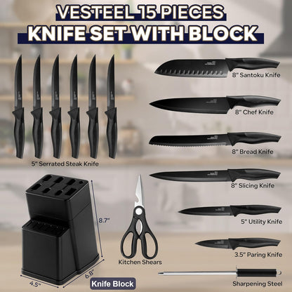 Vesteel Knife Set for Kitchen with Block, 15 Pcs High Carbon Stainless Steel Kitchen Knife Set with Sharpener Kitchen Shears - Black
