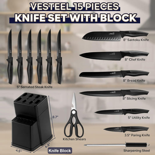 Vesteel Knife Set for Kitchen with Block, 15 Pcs High Carbon Stainless Steel Kitchen Knife Set with Sharpener Kitchen Shears - Black