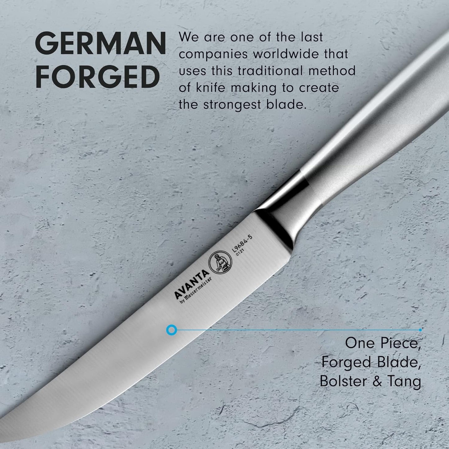 Messermeister Avanta Forged 5” Fine Edge Steak Knife Set - German X50 Stainless Steel - Rust Resistant & Easy to Maintain - Includes 4 Steak Knives