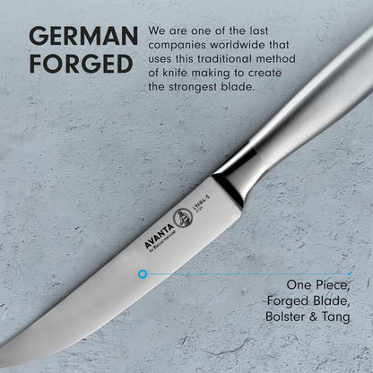 Messermeister Avanta Forged 5” Fine Edge Steak Knife Set - German X50 Stainless Steel - Rust Resistant & Easy to Maintain - Includes 4 Steak Knives