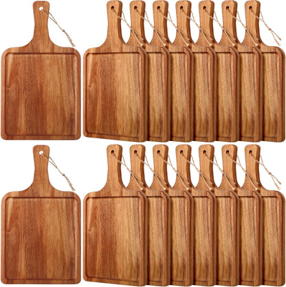 Tanlade 16 Pcs Acacia Wood Cutting Board with Handle Chopping Boards Decorative Charcuterie Platter Pizza Bread Cheese Fruit Serving Tray for Kitchen Counter Table Christmas Decorate(14 x 8 Inch)