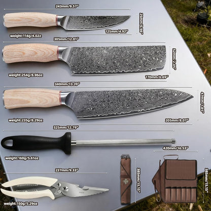 KOFERY Damascus Steel Butcher Knife Set with Full Tang Blades for Pit Master BBQ Meat Carving, Smoking Meat & Game Processing with Canvas Knife Roll for Camping, Gift for Men