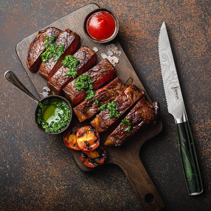 SENKEN 8-piece Engraved Japanese Kitchen Knife Set & Beautiful Green Resin Epoxy Handles - Wasabi Collection - Chef's Knife, Santoku, Cleaver, Paring, & More