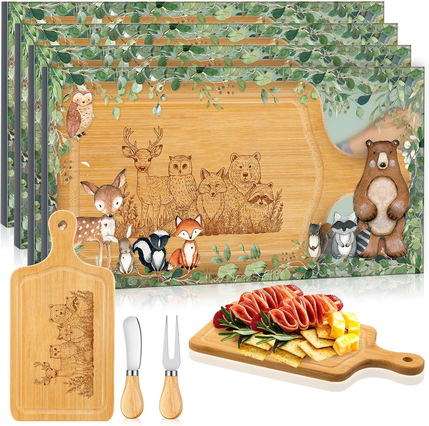 Nuenen 4 Set Bridal Baby Shower Party Favor Cheese Board Game Prizes Gifts Small Charcuterie Mini Cutting Board Set Wooden Square with Knives and Forks Box for Wedding Housewarming Guests