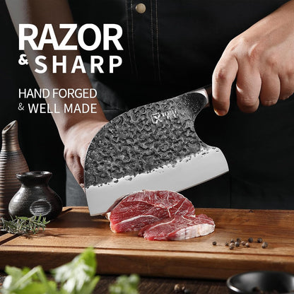 Chef Knife Set, Hand Forged Meat Boning Carving Cleaver Butcher Knife, High Carbon Steel Japan Nakiri Santoku Knife Set with Accessories for Kitchen, BBQ Camping Knives Set with Bag