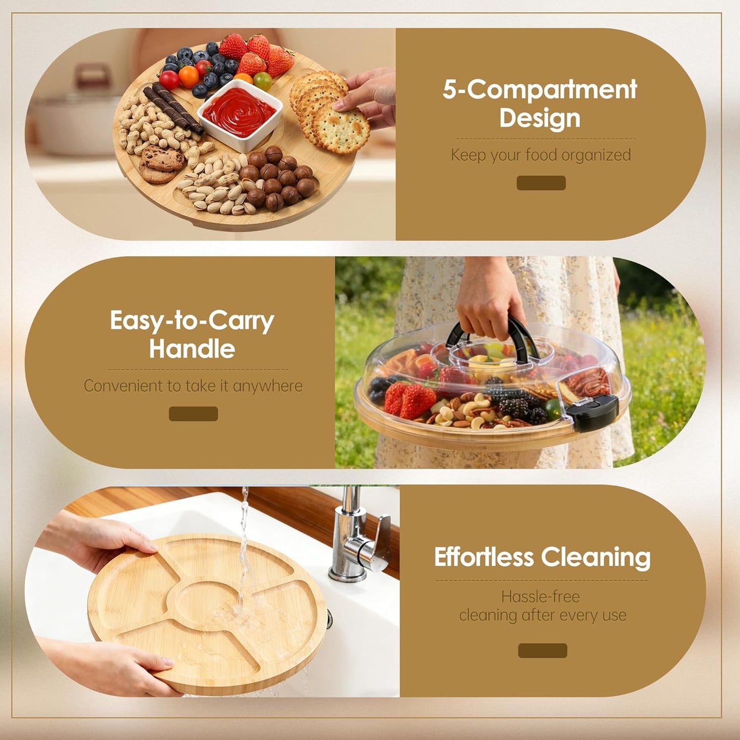 Kochorie 10 Pieces Portable Bamboo Cheese Board Set Charcuterie Board with Lid and Handle, Knife Set Meat Fruit Serving Tray Platter for Travel Picnic Kitchen House Warming Gifts (Round)