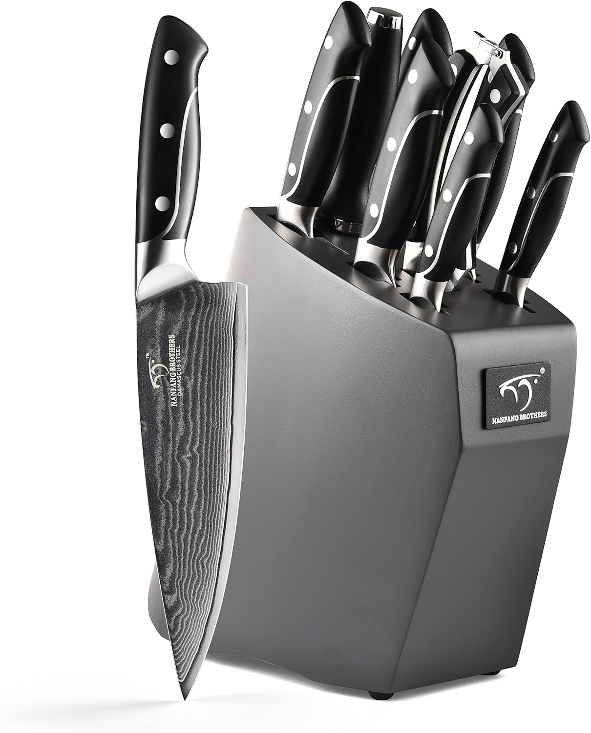 18 Pieces Damascus Kitchen Knife Set, 8 Piece Steak Knives, Non-slip ABS Ergonomic Triple Rivet Handle for Meat Fork, Knife Sharpener and Shears, 17 Slots Fraxinus Manchuria Knife Block (Grey)