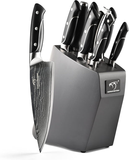 18 Pieces Damascus Kitchen Knife Set, 8 Piece Steak Knives, Non-slip ABS Ergonomic Triple Rivet Handle for Meat Fork, Knife Sharpener and Shears, 17 Slots Fraxinus Manchuria Knife Block (Grey)