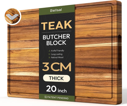 Bellsal 3 Pack Teak Wood Cutting Board Set for Kitchen Charcuterie Board Serving Heavy Duty Non Toxic Slip Over Sink Solid Thick Haus Wooden Chopping Board Large Big Small Meat Kitchen Essential Gift