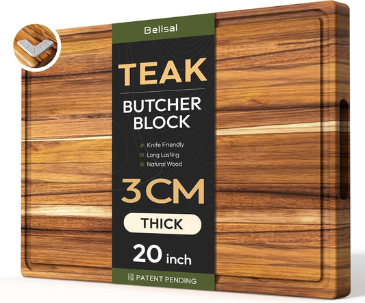 Bellsal 3 Pack Teak Wood Cutting Board Set for Kitchen Charcuterie Board Serving Heavy Duty Non Toxic Slip Over Sink Solid Thick Haus Wooden Chopping Board Large Big Small Meat Kitchen Essential Gift
